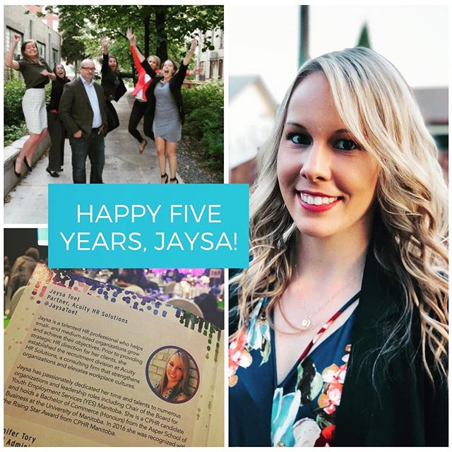 Time flies when you’re getting stuff done!  Congrats to Acuity Partner @jaysarobin who is celebrating 5 years with the company! 🎉 Here’s to many more to come! .
.
#happyworkaversary #fiveyearsalready #gojaysago #winnipeg #winnipegbusiness #winnipegbiz #exchangedistrict #exchangebiz #exchangedistrictbiz #humanresources #humanresourcesmanagement #hrmanager #hrmanagement #hrmanagers #leaders #leadership #managers #employeeengagement #business #management #recruiting #recruitment #companyculture #hrlife #getstuffdone